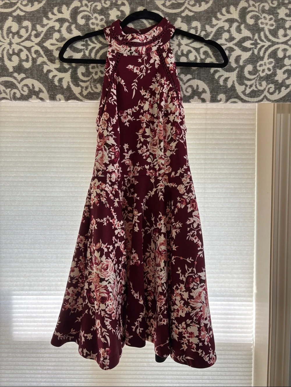B Darlin Burgundy Floral Halter Mini Dress - Picture 1 of 2